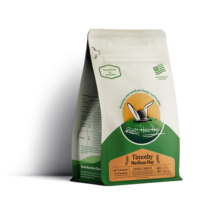 Bag of Timothy Medium Hay with a green and white design on a white background