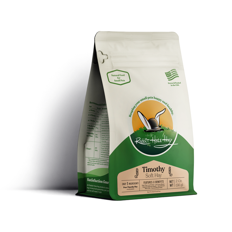 Bag of Timothy Soft Hay with branding on a white background