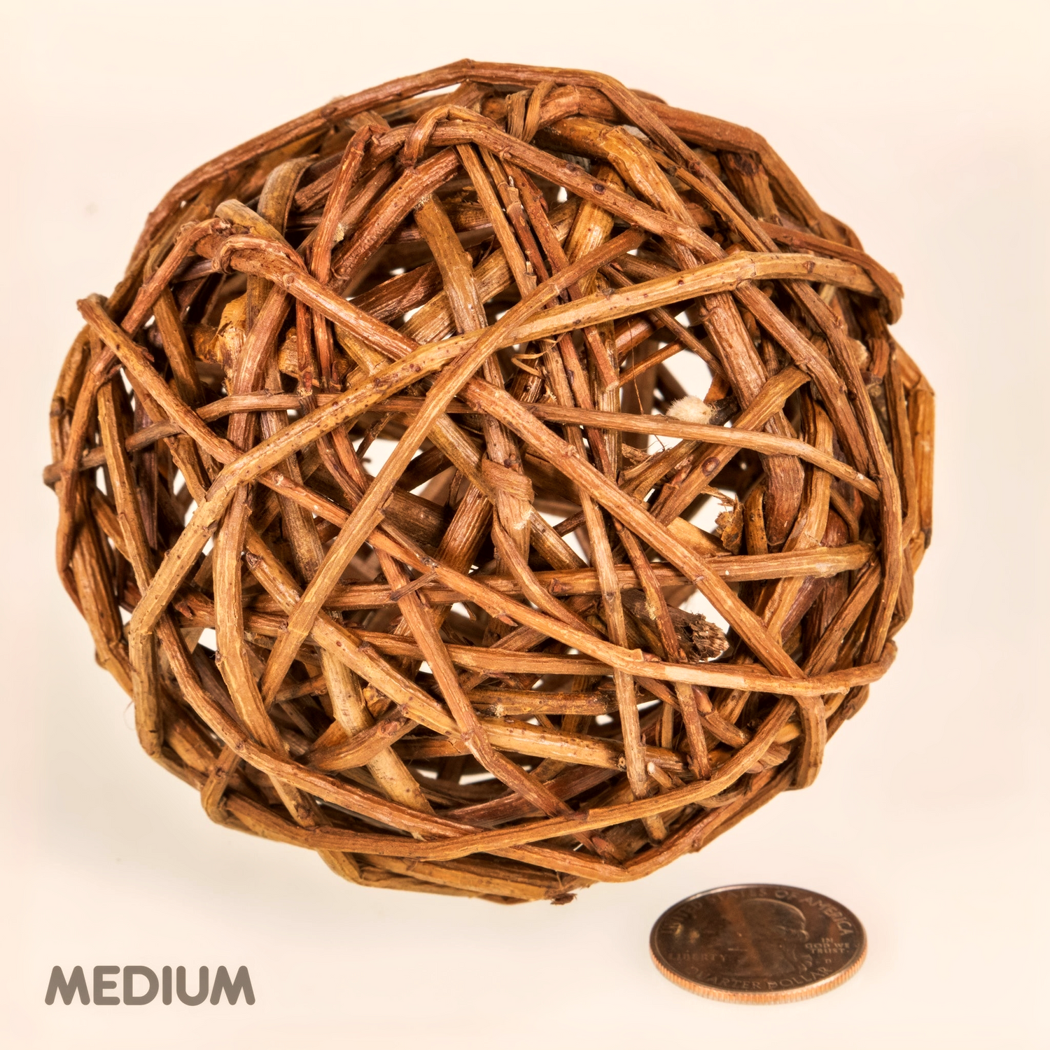 Medium natural willow enrichment chew ball for rabbits with coin beside it for scale