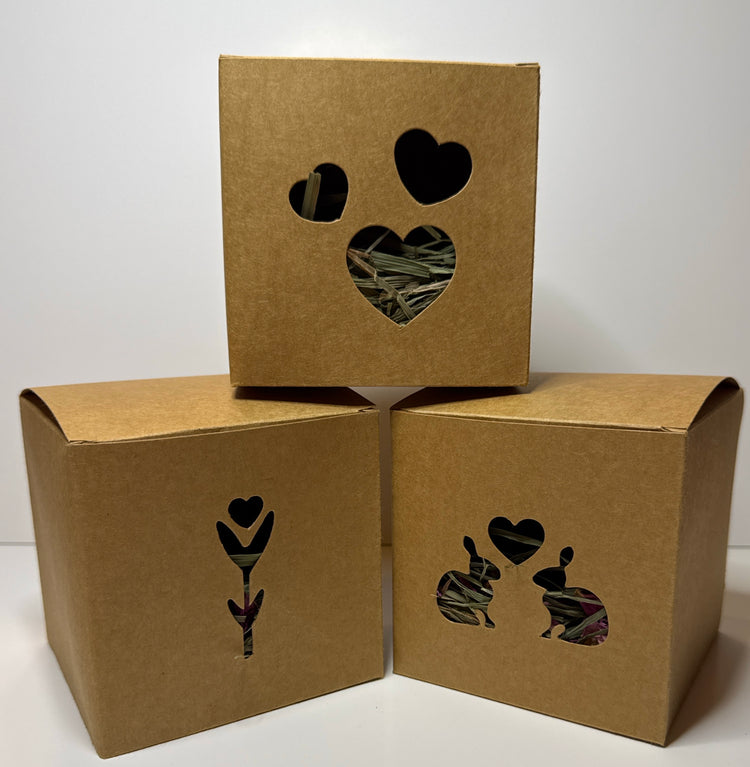 Three kraft cardboard gift boxes with bunny and heart cutout windows displayed on white background