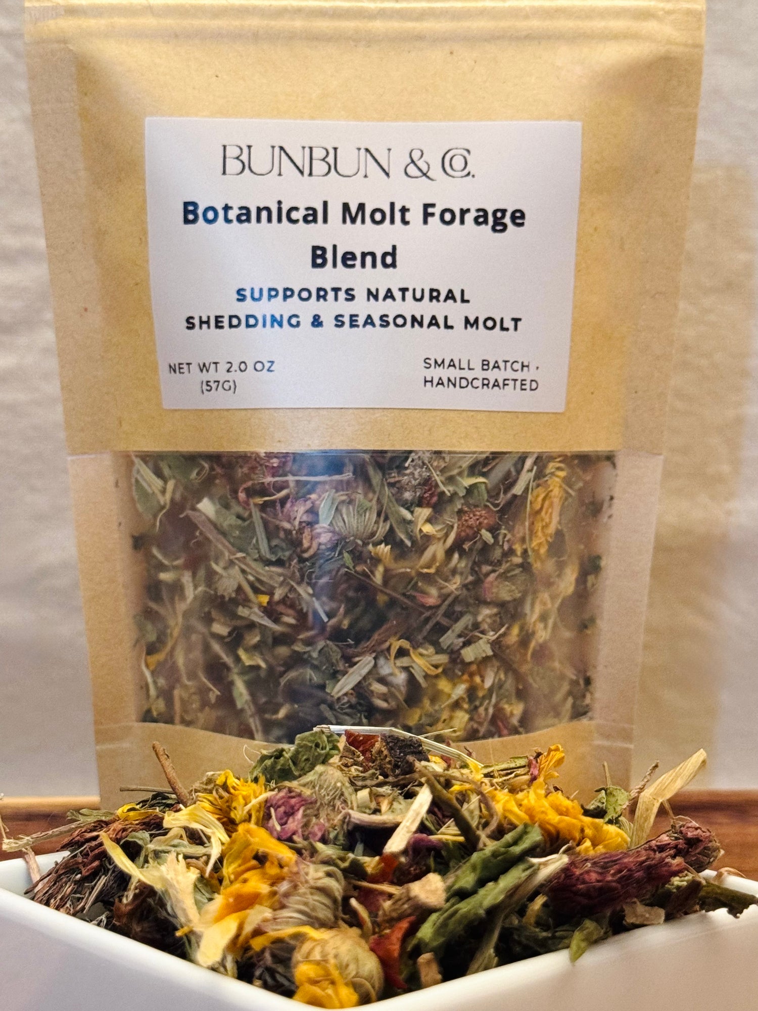 BunBun & Co. Botanical Molt Forage Blend in brown Kraft pouch.