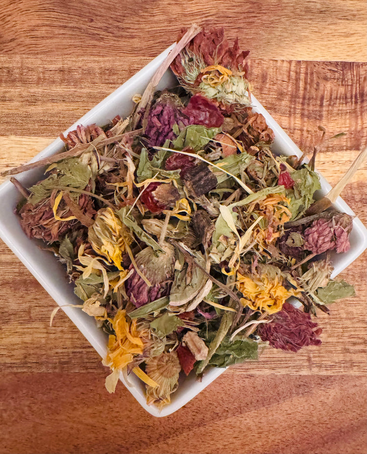 Botanicals Molt Forage Blend in a white ceramic dish on a wooden board to show texture and botanical variety.