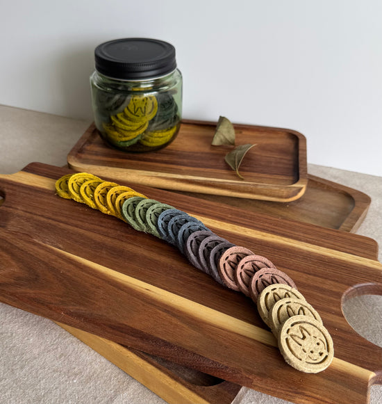 Rainbow assortment of botanical rabbit biscuits from BunBun & Co Daily Rotation Ritual sampler pack
