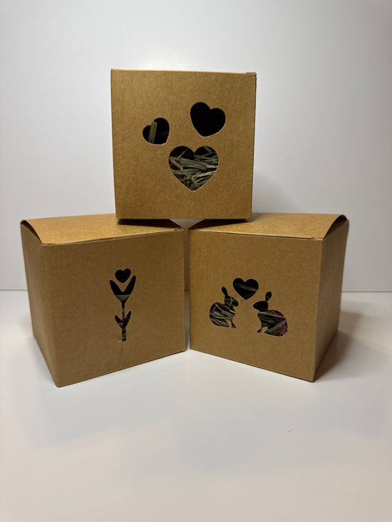 Three kraft cardboard gift boxes with bunny and heart cutout windows displayed on white background
