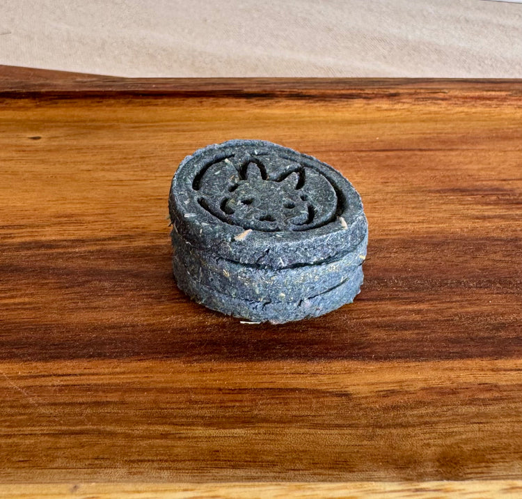 Blue botanical rabbit biscuit for skin and coat support from BunBun & Co
