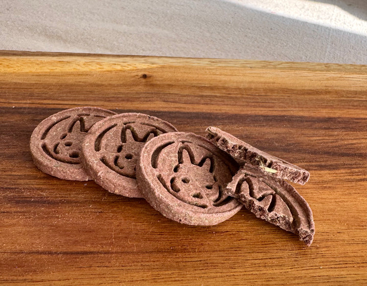 Strawberry hibiscus rabbit biscuit from BunBun & Co Botanical Antioxidant Blend with a broken biscuit to show texture
