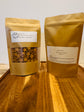 Two  BunBun & Co. stand-up kraft pouches with wellness star treats showing through window sitting on a wooden surface.