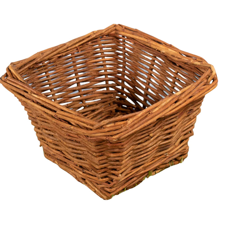 Square woven willow forage basket displayed on white background