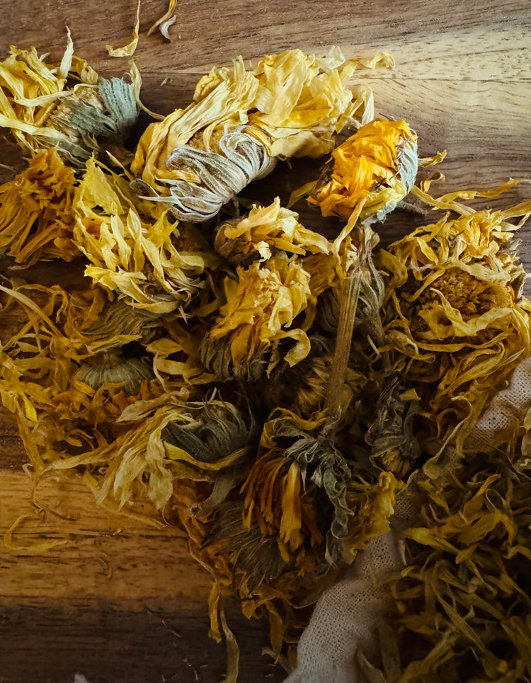 Dried yellow marigold flowers on a wooden surface