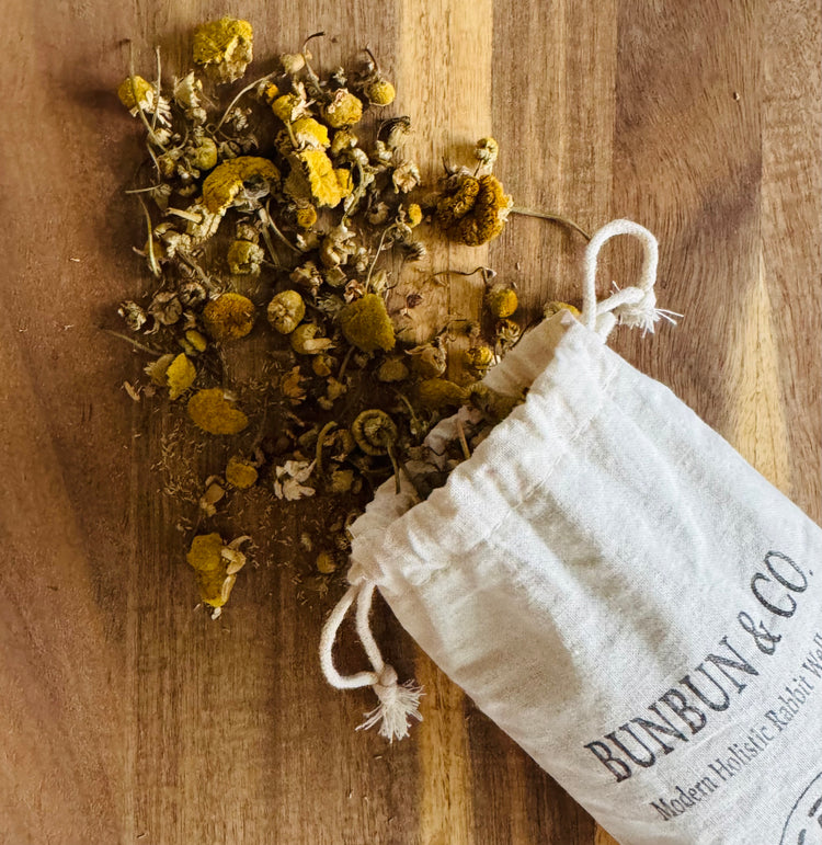 Golden botanical forage blend of dried chamomile flowers for rabbits.