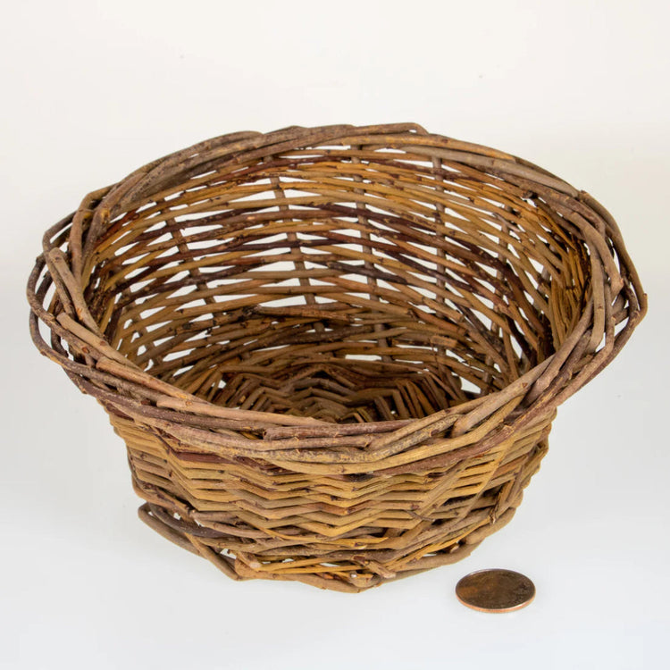 Woven willow basket displayed on white background with coin for size reference