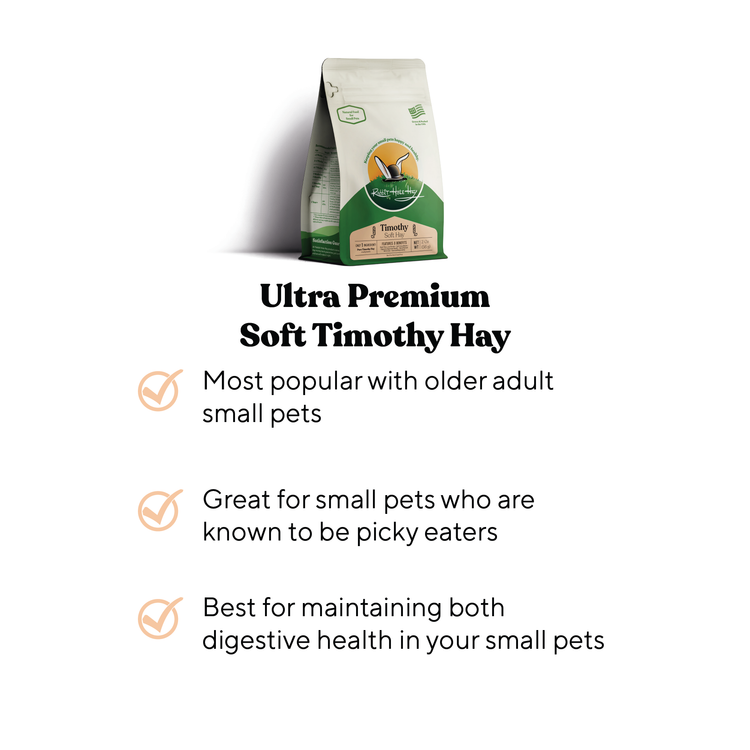 Bag of Ultra Premium Soft Timothy Hay with product details on a white background